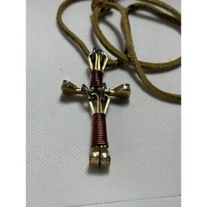 Nail Cross Necklace & Copper Wire Wrap Handmade Tan Leather Rope, Charm
